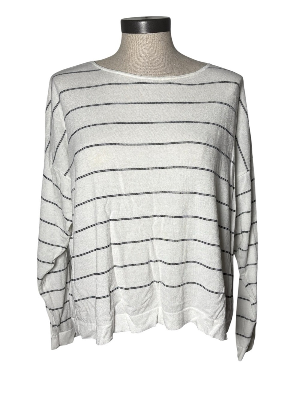 Eileen Fisher White Gray Striped Tencel Lyocell Knit Top Small Relaxed